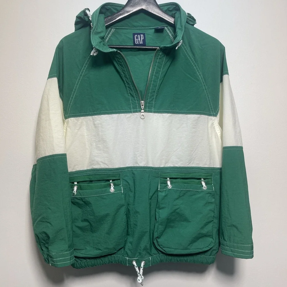 Gap‎ Kids Sailing Style Nautical Windbreaker Green White Stripe XL Lightweight